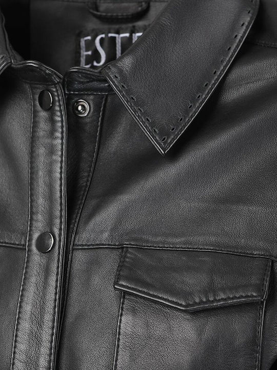Women's Leather Monochrome Long Sleeve Shirt Black