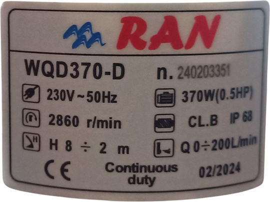 RAN WQD370-D Single-phase Pump Waste Water / Sewage 0.5hp WQD370-D