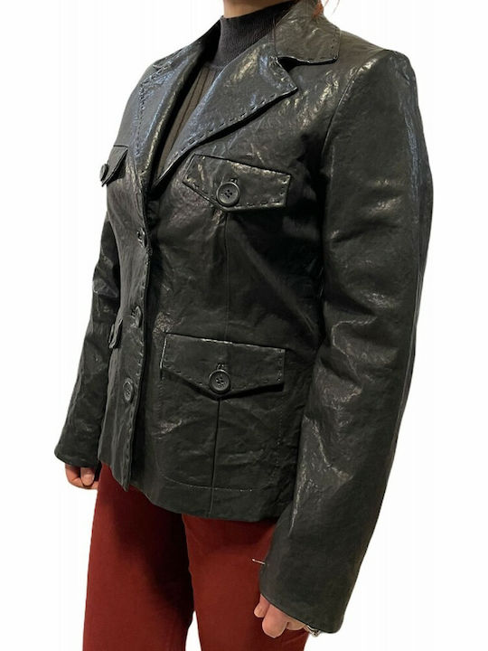 MARKOS LEATHER Γυναικείο Δερμάτινο Μεσάτο Σακάκι ΜΑΥΡΟ