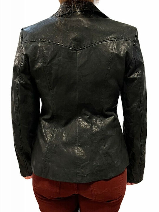 MARKOS LEATHER Damen Leder Mittellang Blazer ΜΑΥΡΟ