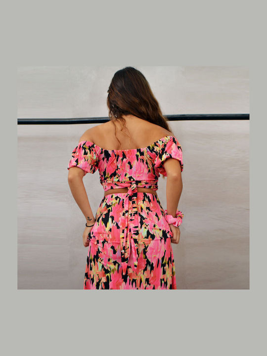 Maxi Φούστα Floral Φλοράλ Ροζ