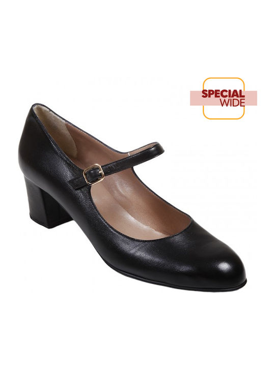 Leather Black Medium Heels with Strap