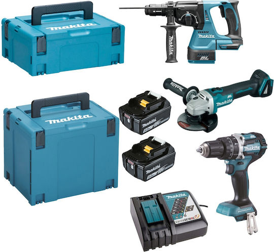 Makita DLX3196JX1 Σετ Γωνιακός Τροχός, Δραπανοκατσάβιδο & Πιστολέτο με 2 Μπαταρίες 2Ah και Θήκη