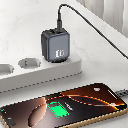 XO GaN с USB-A порт и USB-C порт и кабел USB-C - Lightning 30W Quick Charge 2.0 / Quick Charge 3.0 Черен (L156)