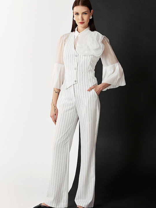 Women's High-waisted Fabric Trousers in Regular Fit Striped White