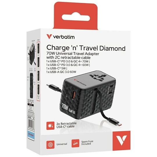 Verbatim Ladegerät GaN mit USB-A Anschluss und USB-C Anschluss und Kabel USB-C 70W Stromlieferung / Schnell-Ladung 4+ Lila (Charge 'n' Travel)