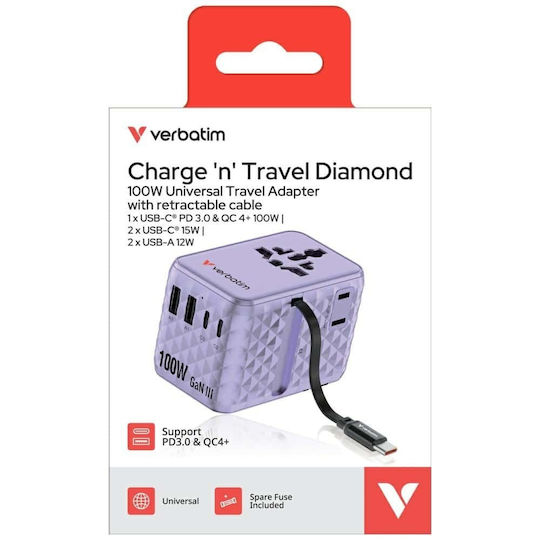 Verbatim Φορτιστής GaN με 2 Θύρες USB-A και 2 Θύρες USB-C και Καλώδιο USB-C 100W Power Delivery / Quick Charge 4+ Μωβ (Charge 'n' Travel)