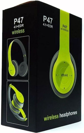 P47 Wireless / Wired On Ear Headphones with Radio with 6 hours of Operation Green / Black