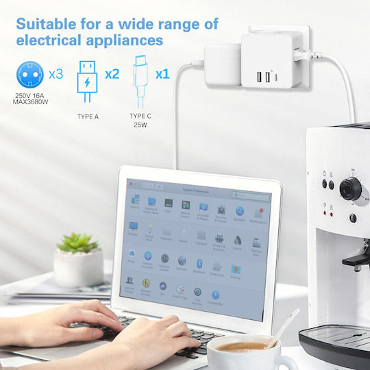 Smart PowerCube 6 Prize cu 2 USB-A și USB-C Gri