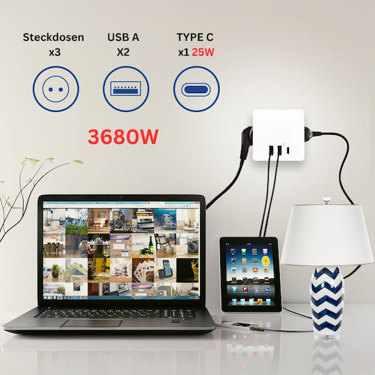 Smart PowerCube 6 Prize cu 2 USB-A și USB-C Gri