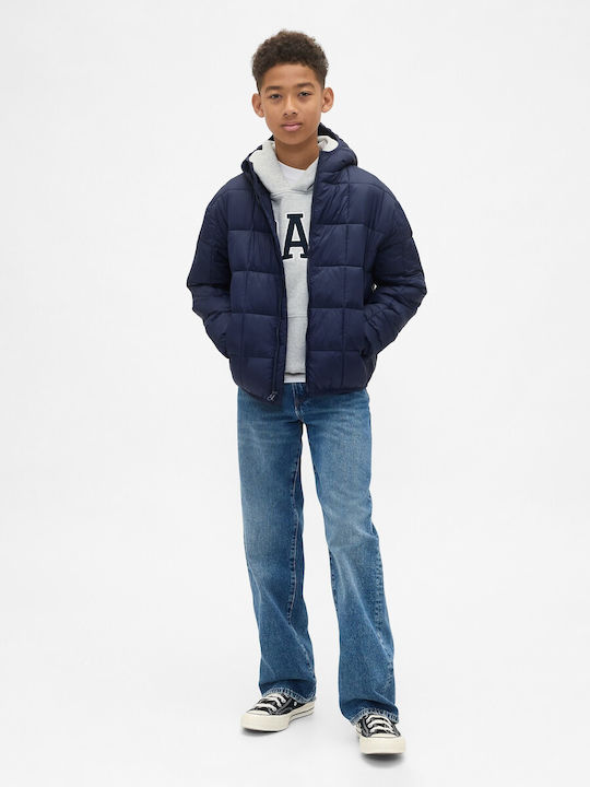 Kids Casual Long Windproof Jacket with Hood Blue