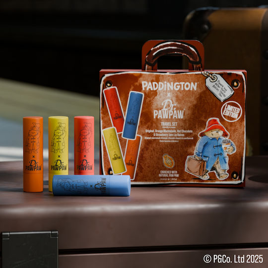 Set 4 Balsamuri de Buze Paddington Travels Arome Marmeladă de Portocale + Balsam Original + Dulceață de Căpșuni + Ciocolată Caldă Dr.pawpaw 4 X 4 G