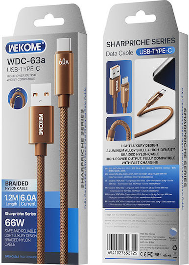 WK Braided USB 2.0 Cable USB-C male - USB-A 66W PD Καφέ 1.2m 250921