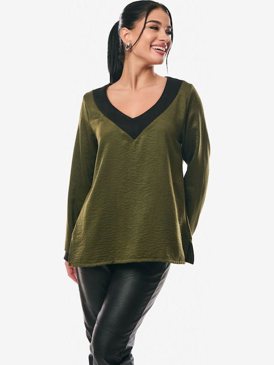 Women's Blouse Satin Long Sleeve with V Neckline Khaki