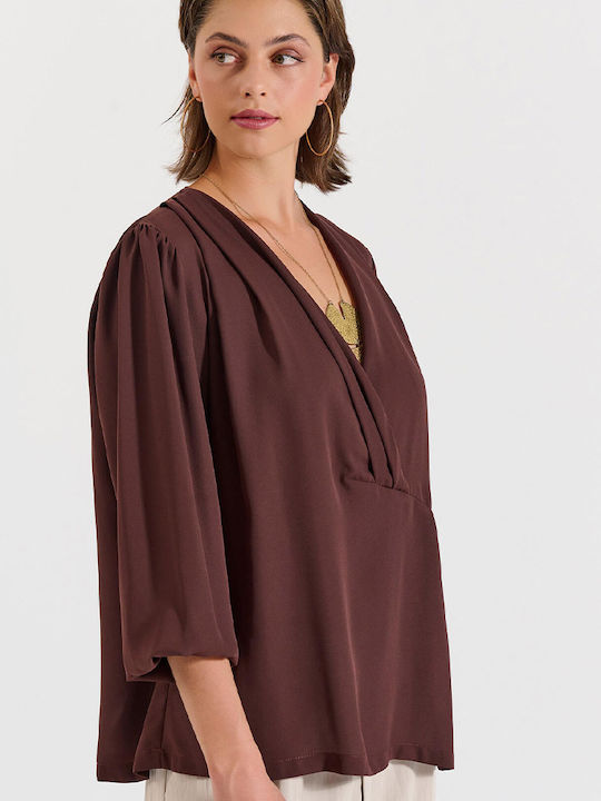 Women's Blouse Long Sleeve with V Neckline Brown