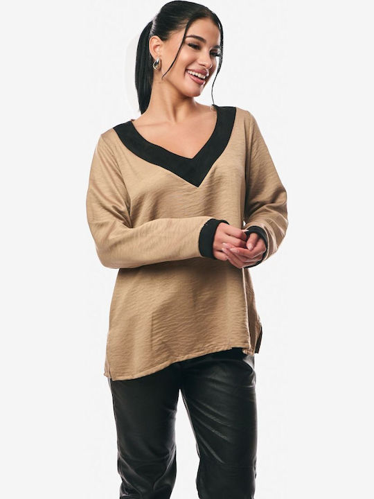 Women's Blouse Satin Long Sleeve with V Neckline Beige