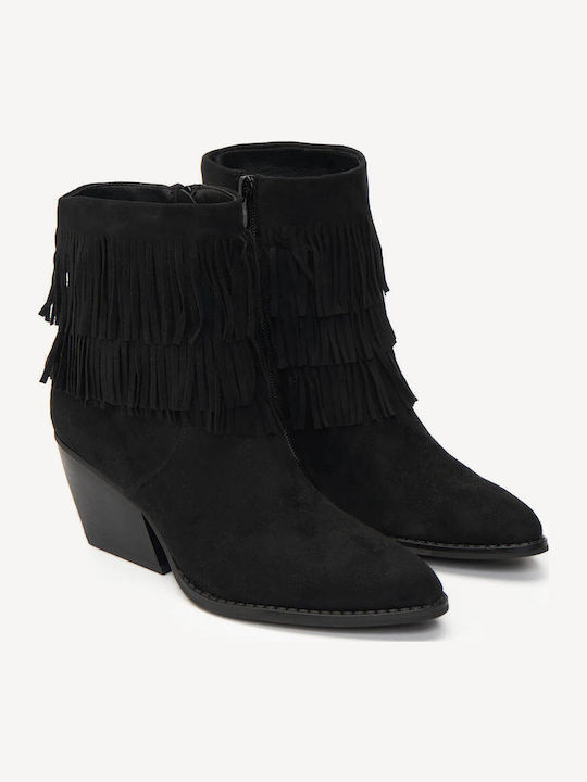 Black Western Ankle Boots Fringe Pointed Toe
