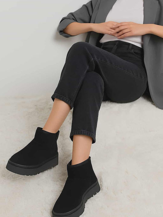 Suede Women's Ankle Boots with Fur Black