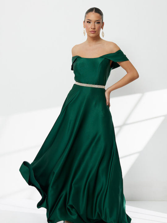 Maxi Φόρεμα για Γάμο / Βάπτιση Σατέν Off-Shoulder Πράσινο