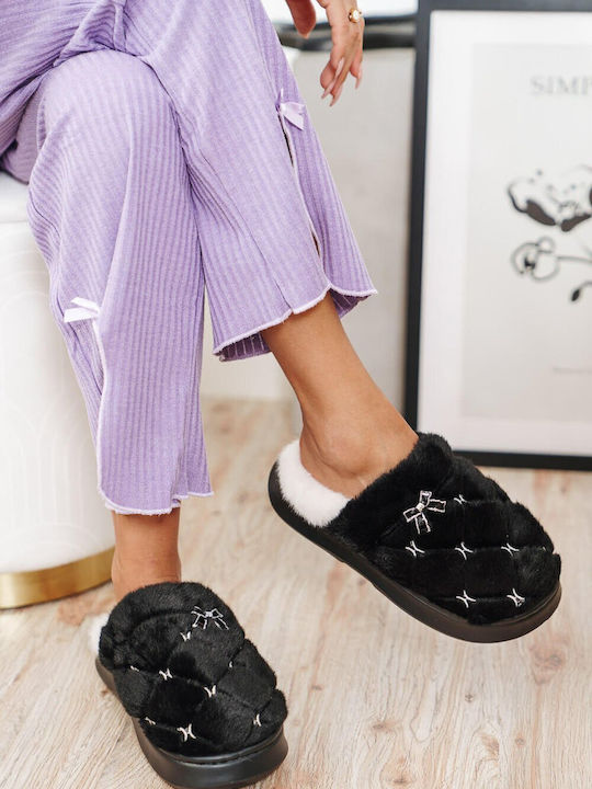 Schwarze Pelz Hausschuhe Für Zuhause Mit Steppdesign