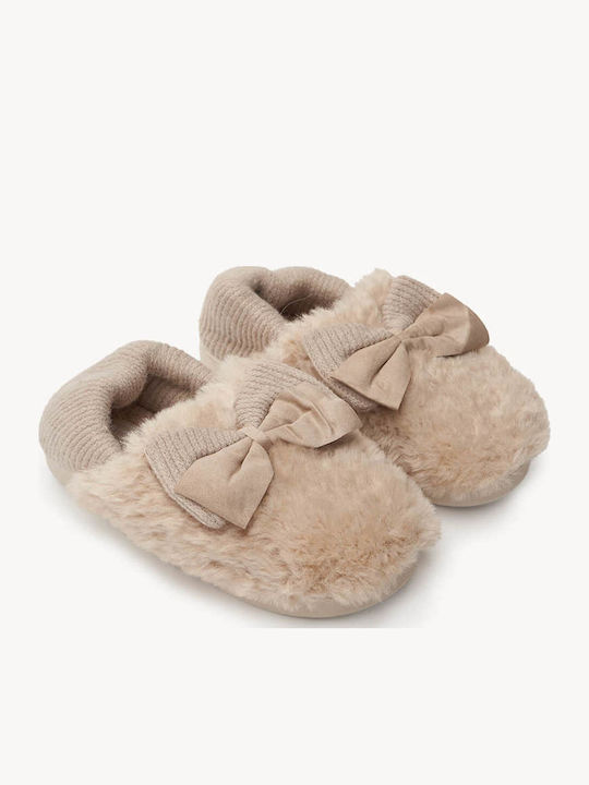 Beige Pelz Hausschuhe Für Zuhause Mit Dekorativem Schleife