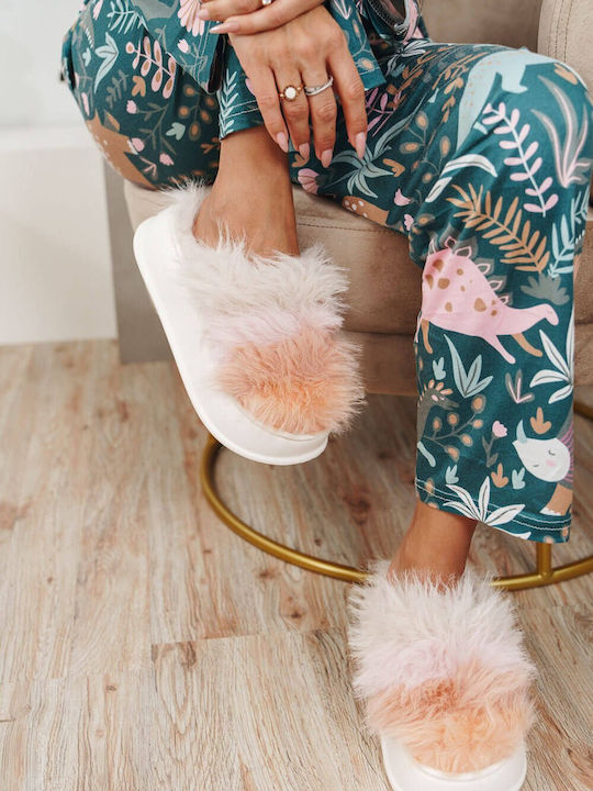 Beige Orange Fur Slippers Soft Sole and Long Fur