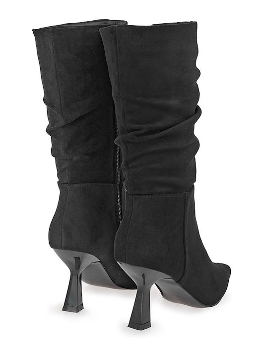 Wildleder Damenstiefel mit hohem Absatz Schwarz
