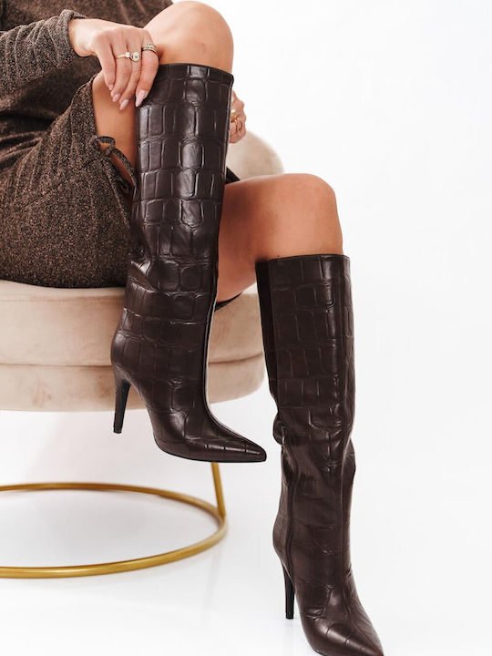 Brown Croc Boots High Heel Pointed Toe