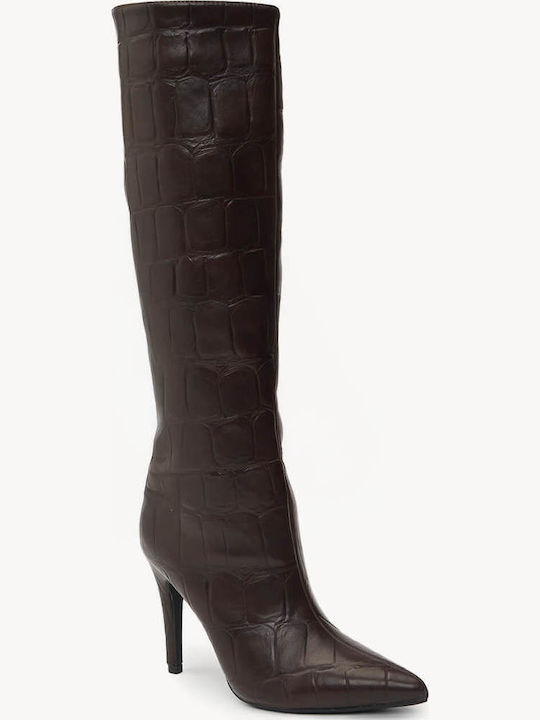 Brown Croc Boots High Heel Pointed Toe