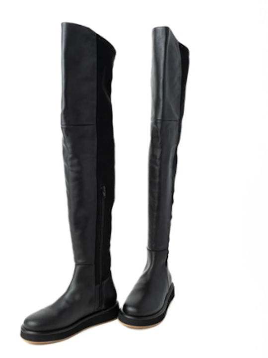 Leder Damenstiefel mit Gummizug Schwarz
