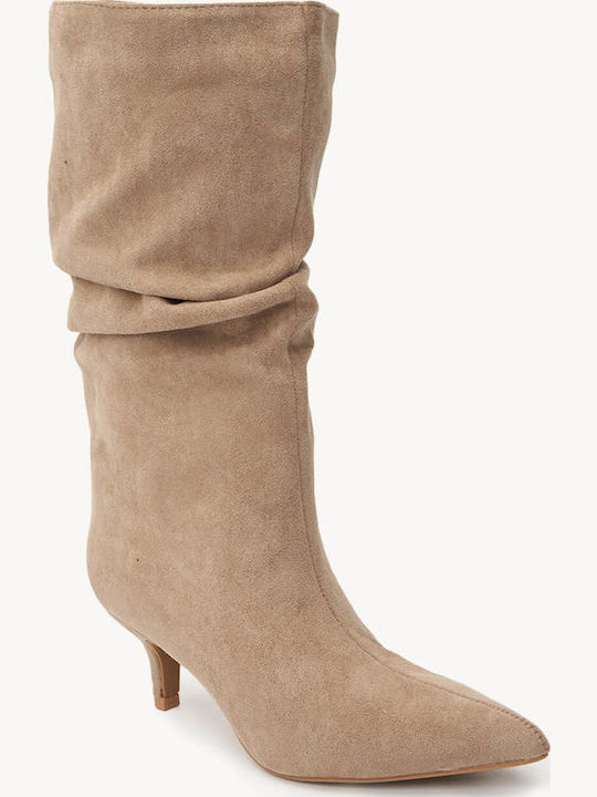 Μπεζ Μποτάκια Suede Kitten Heel Μυτερή Μύτη