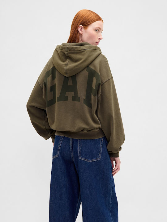 Cropped Γυναικείο Φούτερ με Κουκούλα Black, Moss Green