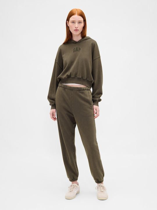 Cropped Γυναικείο Φούτερ με Κουκούλα Black, Moss Green