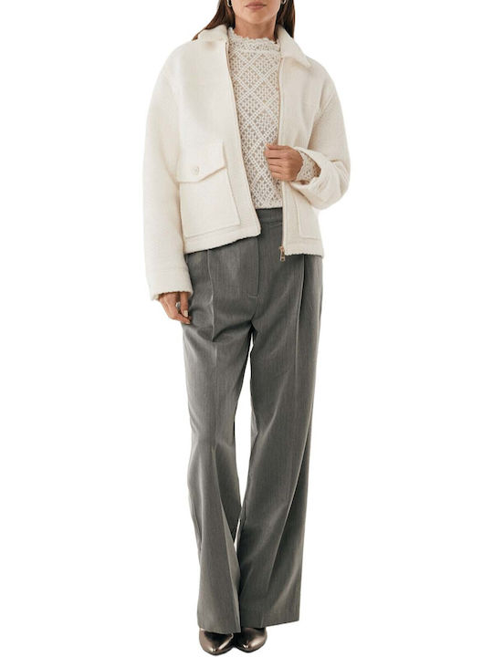 Wool Women's Ecru Coat with Zipper