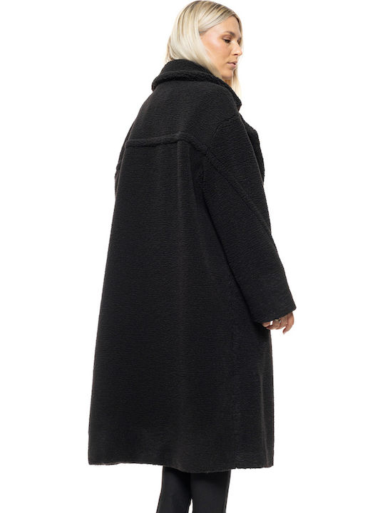 Damen Black Mantel Teddy mit Knöpfen