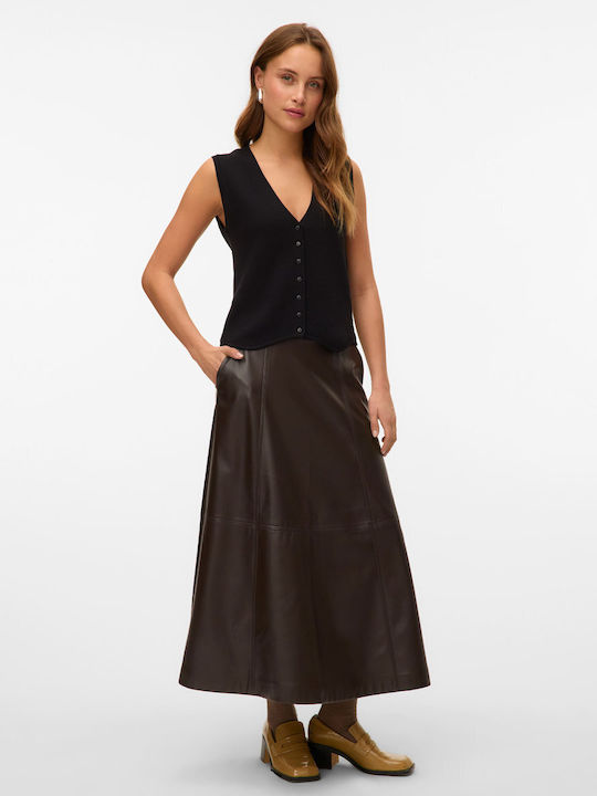 Leather High Waist Midi Skirt Brown