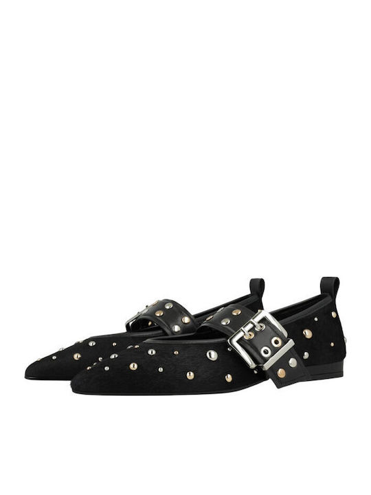 Leather Pointy Ballerinas With strap Black