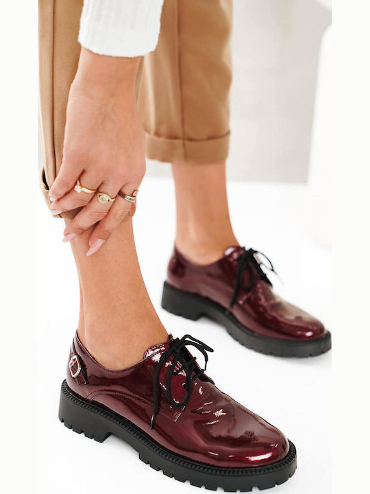 Burgundy Lace-Up Patent Leather Chunky Sole Shoes