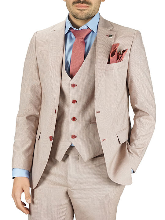 Men's Summer Suit with Vest Slim Fit Pink