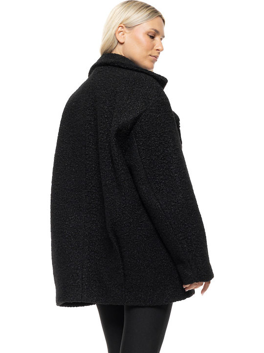 Γυναικείο Black Παλτό Oversized με Κουμπιά