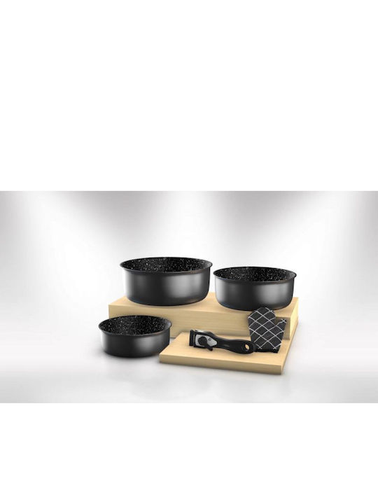 Herzberg Aluminum Pots Set Black with Stone Coating 3 Pieces