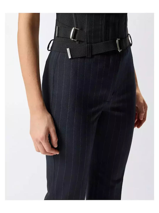 Pantalone Women's High-waisted Fabric Trousers Straight Line Striped Blue