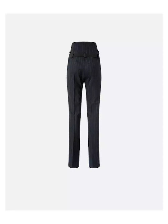 Pantalone Women's High-waisted Fabric Trousers Straight Line Striped Blue