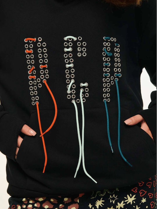 Laced Up Long Women's Sweatshirt Hooded Black