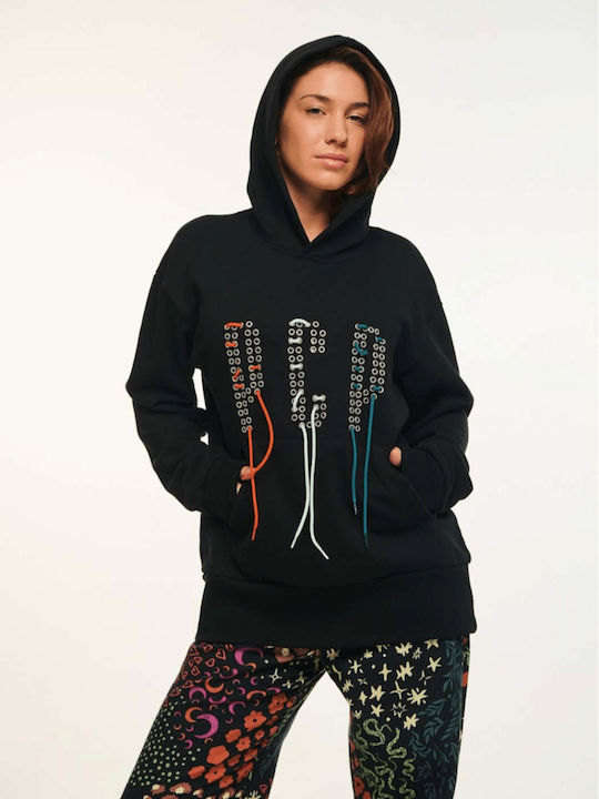 Laced Up Long Women's Sweatshirt Hooded Black