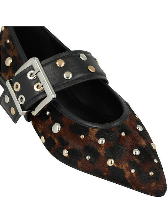 Leather Women's Ballerina Shoes Pointed Toe with Brown Strap