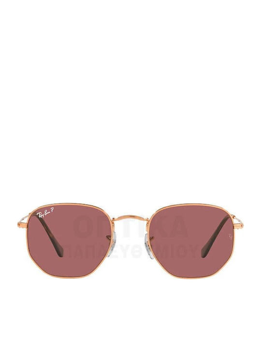 Ray Ban Hexagonal Unisex Γυαλιά Ηλίου με Ροζ Χρυσό Μεταλλικό Σκελετό και Μωβ Polarized Φακό