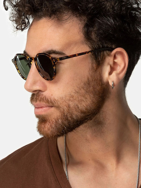 Twig Langevin Unisex Sunglasses with Brown Tartaruga Plastic Frame and Green Lens LAS10