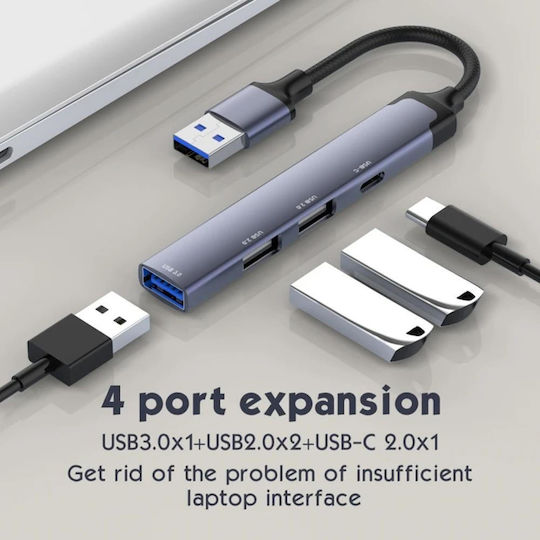 Techsuit Hub 4 Θυρών USB 3.0 με σύνδεση USB-A Γκρι