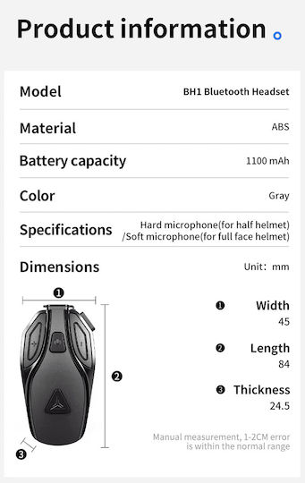 Motowolf Bh1 Μονή Ενδοεπικοινωνία για Κράνος Μηχανής με Bluetooth